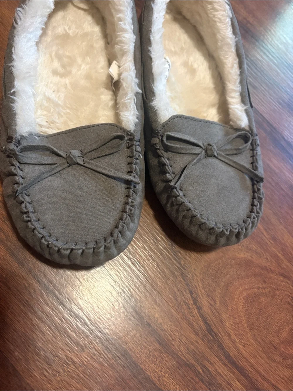 Faux-Suede Cozy Moccasin Slippers in Gray